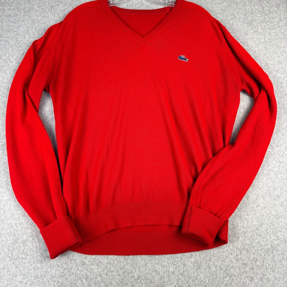 Vintage 80s IZOD Lacoste Red V Neck Sweater Mens XL Blue Croc Preppy Knit